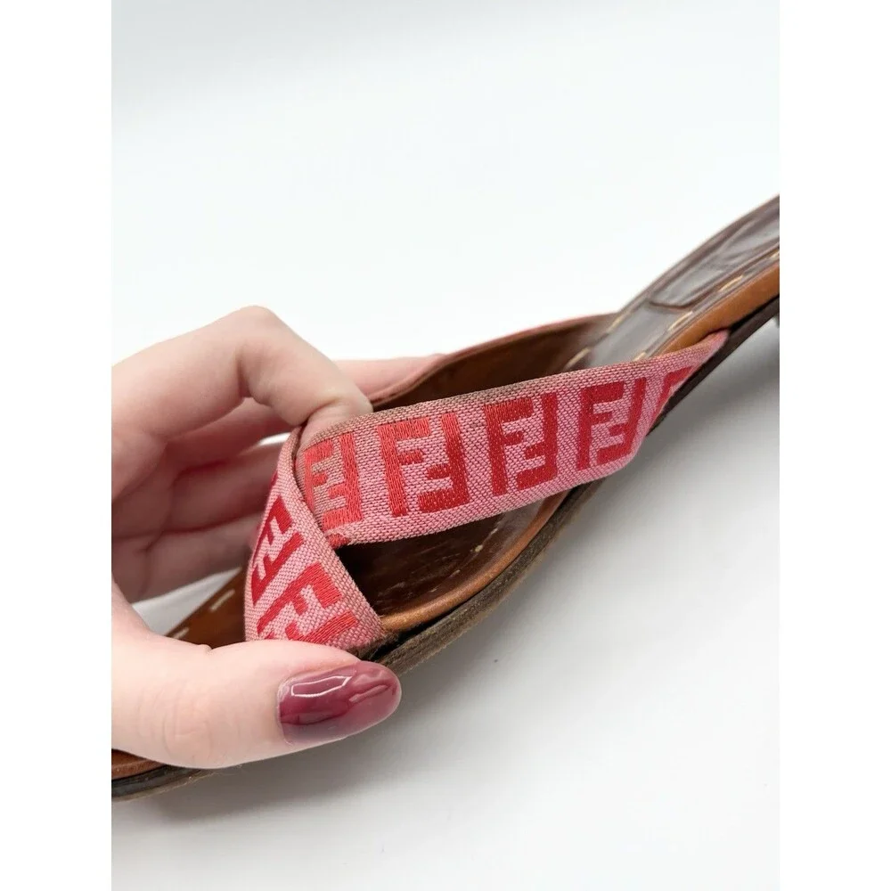 Fendi Brown Leather Sandals w/ Pink FF Logo Zucca Print Strap Vintage Size EU 37